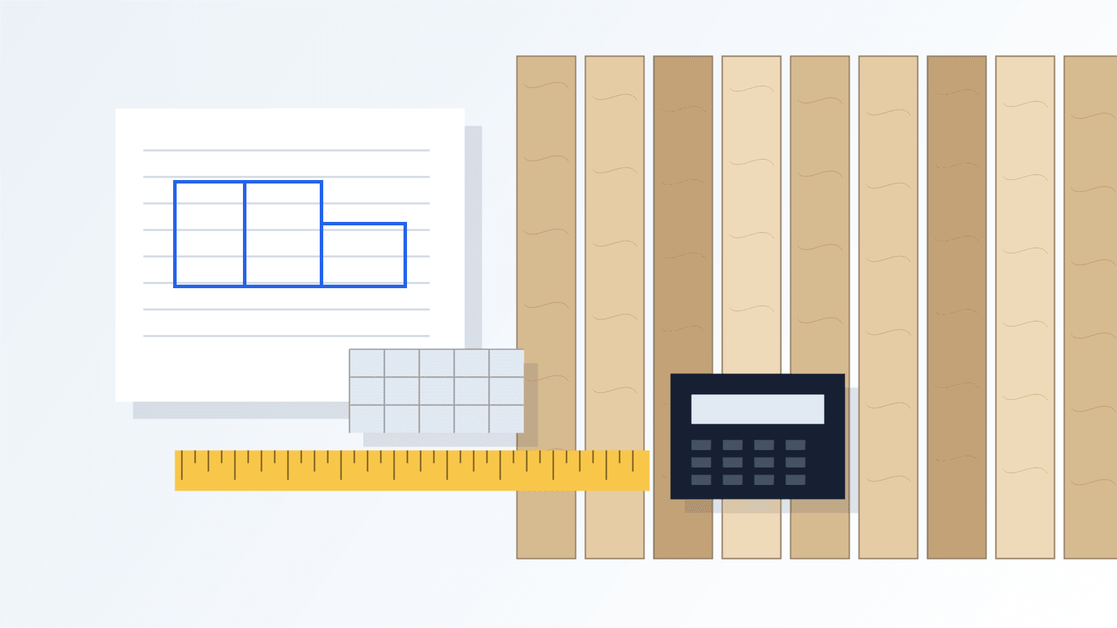 Flooring samples, measuring tape, and planning notes on a light work surface